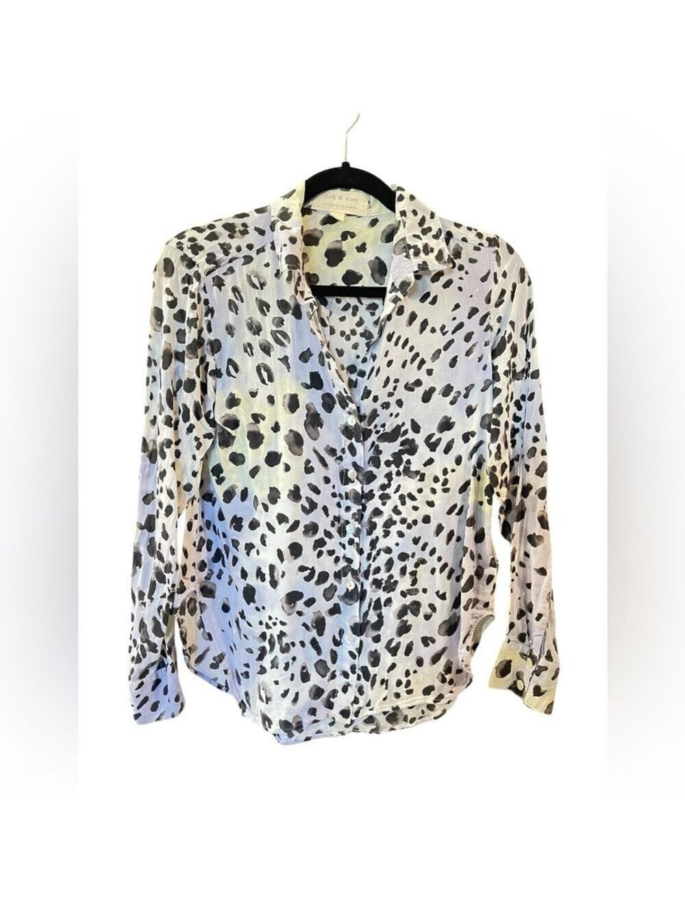 CLOTH & STONE Womens Blue White Leopard Animal Print Long Sleeve Blouse SMALL